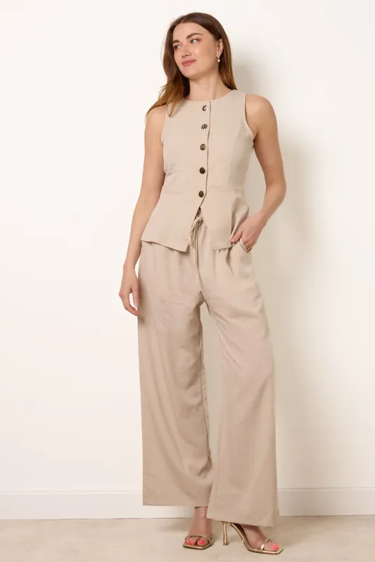 Stone Round Neck Button Through Vest & Trouser Set - Blue Vanilla