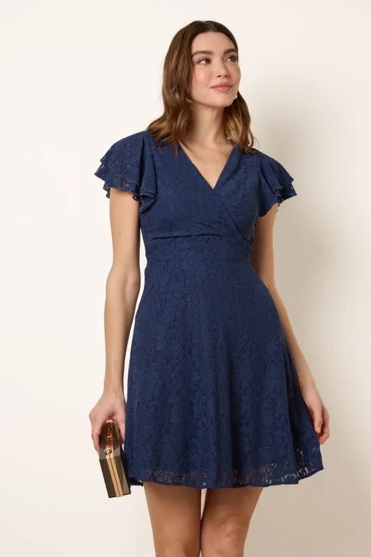 Navy Lace Angel Sleeve Mini Dress - Blue Vanilla