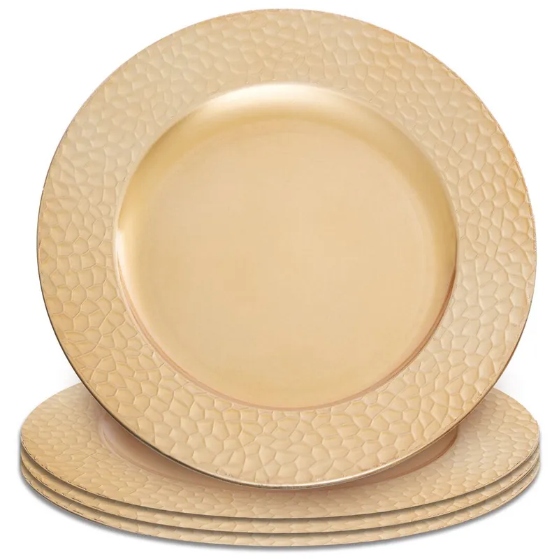 Set of Four 33cm Dia Gold Charger Plates with Hammered Rims - Orsina