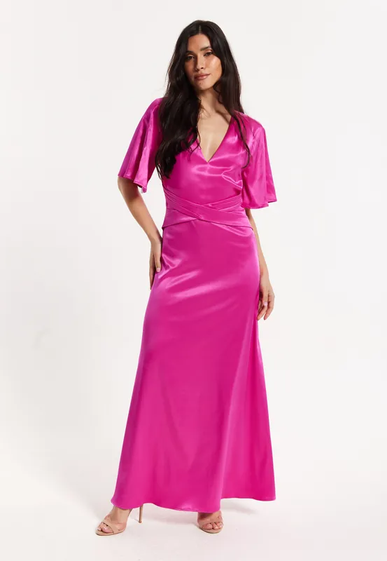 Short Sleeve Dark Pink Maxi Dress - Liquorish