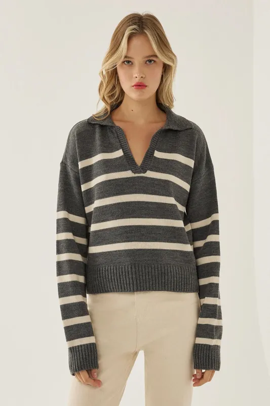 Striped Polo Collar Knit Sweater - Hiccup