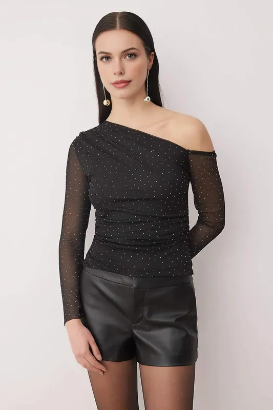 Asymmetric One Shoulder Sparkle Stone Mesh Knit Party Blouse - WOVCOR