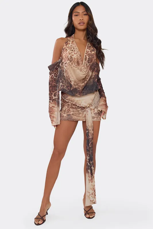 Long Sleeve Halter Neck Animal Print Mini Dress - EGO