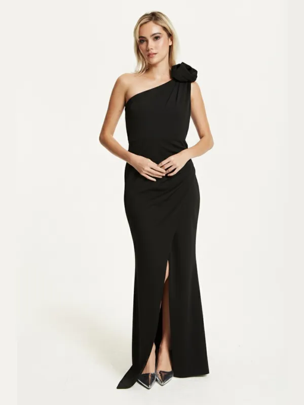 One Shoulder Black Rose Maxi Dress - Liquorish