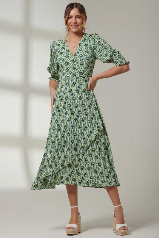 Ellie Crepe Wrap Puff Sleeve Midi Dress - Jolie Moi