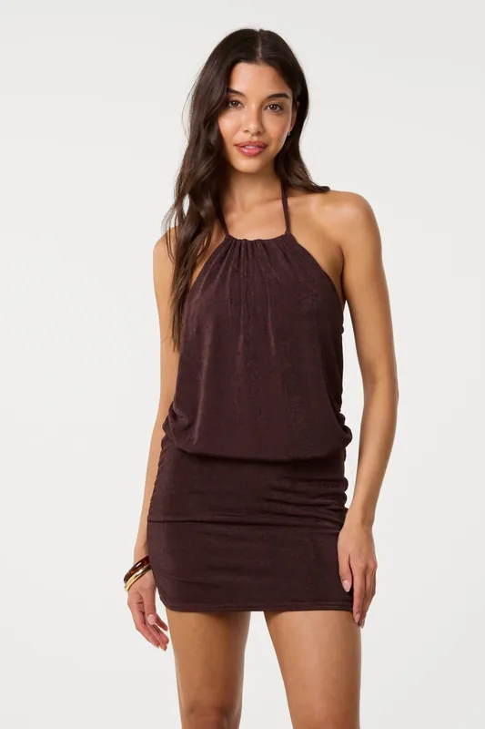 Brown Acetate Halter Neck Dress - Pink Vanilla