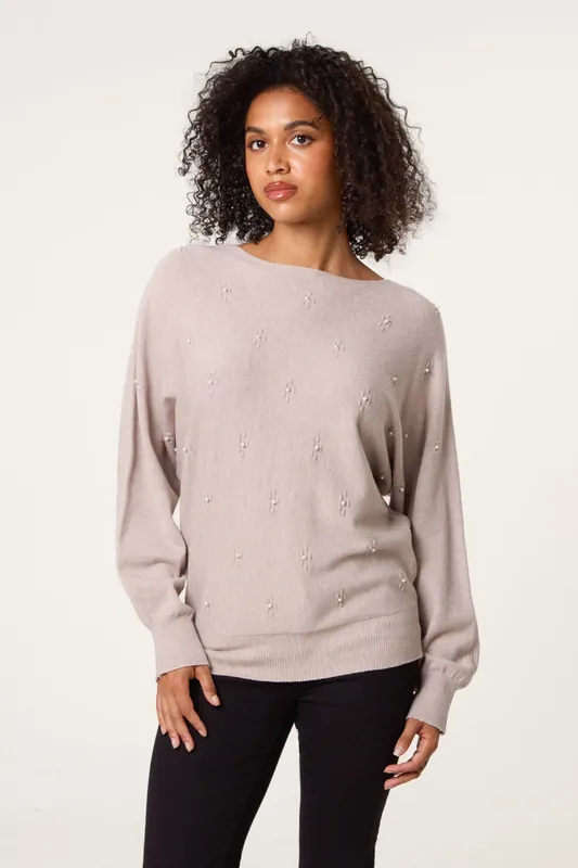 Light Brown Pearl Flower Detailed Soft Touch Jumper - Blue Vanilla