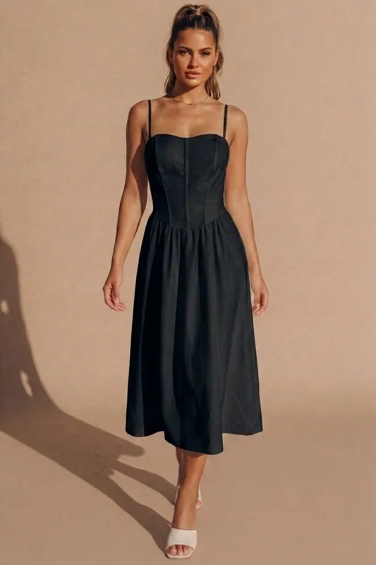 Black Corset Detail Strappy Midaxi Dress - Femme Luxe