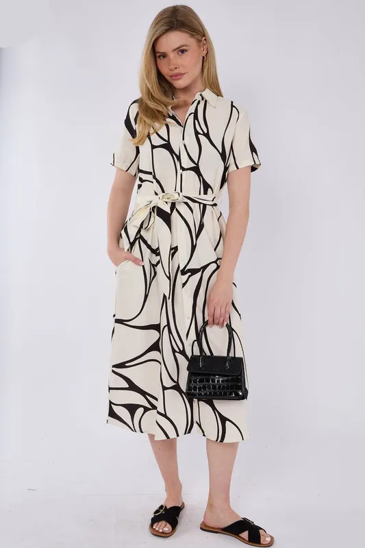 Black Graphic Wave Print Short Sleeve Midi Shirt Dress - Love Sunshine