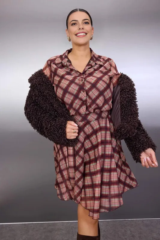 Check Print Button Front Shirt Mini Dress - WOVCOR