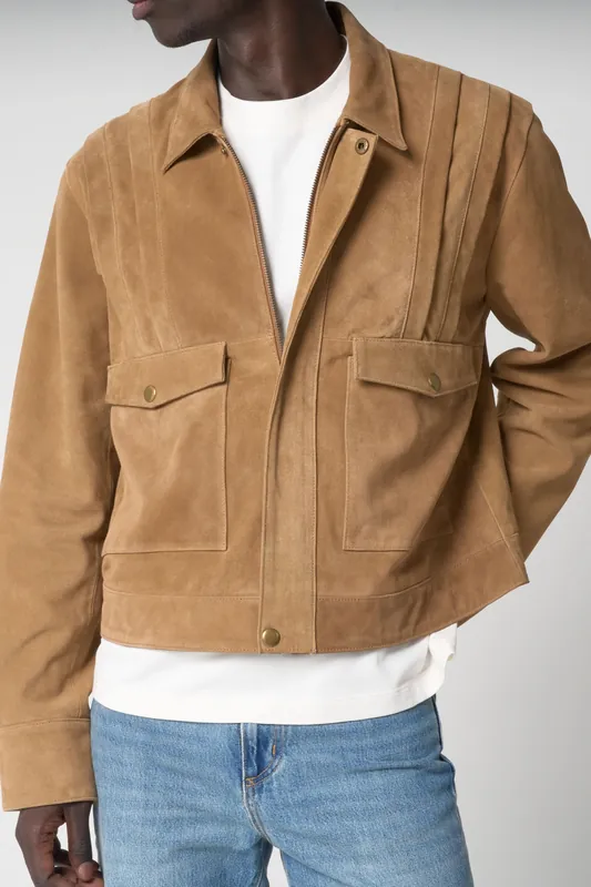 Pleated Real Suede Harrington Jacket - Barneys Originals