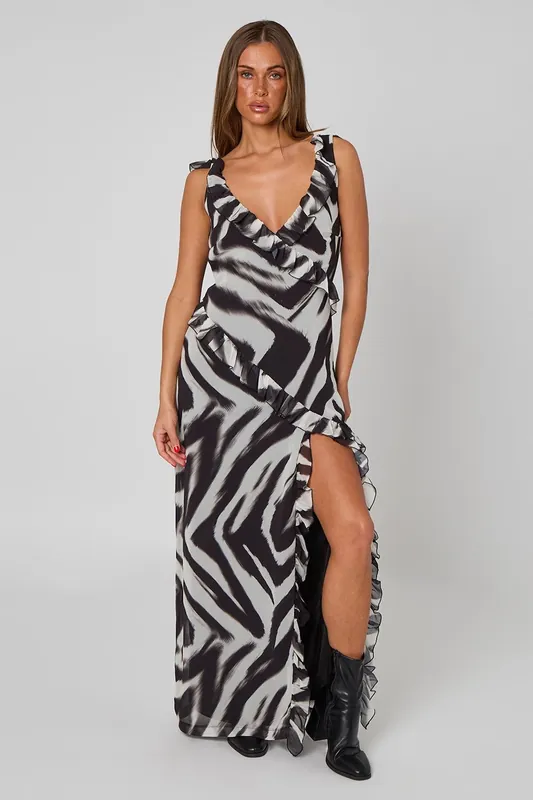 Zebra Ruffle Maxi Dress - Urban Bliss