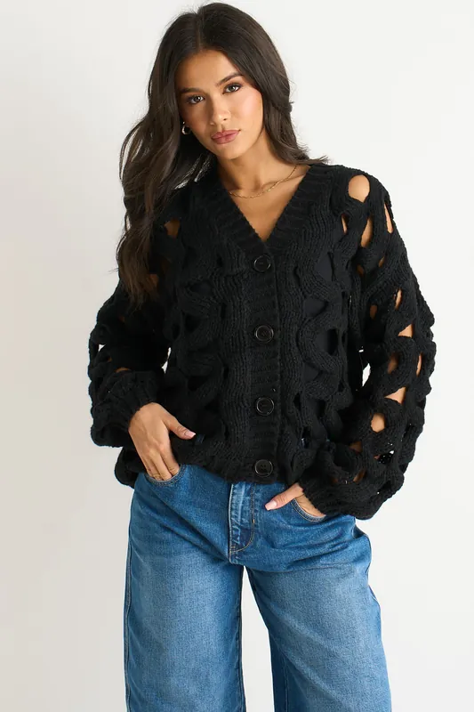 Black Hollow Chunky Knit Cardigan - Gini London