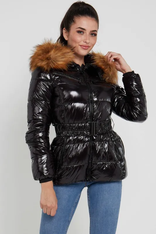 Wet Look Belted Puffer Coat with Faux Fur hood - Love Sunshine