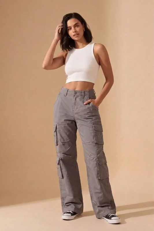 Grey Cargo Wide Leg Relaxed Fit Utility Trousers - Menisa