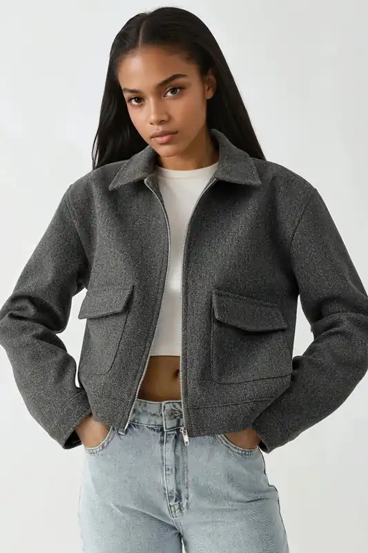 Textured Crop Jacket with Zipper - Hiccup