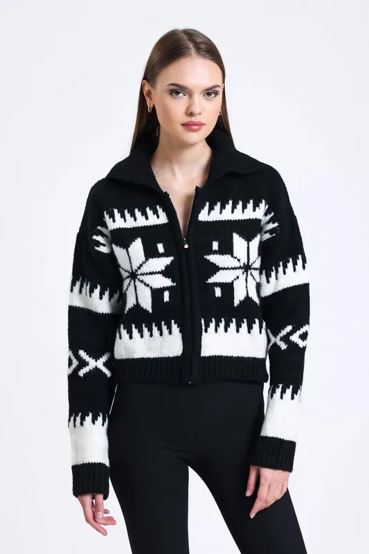 Patterned Polo Collar Zippered Cardigan - Hiccup