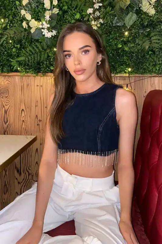 Round Neck Denim Zip Up Back Crop Top with a Tassel Hem - Hiccup
