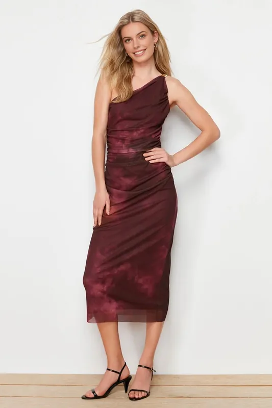 Abstract Print One Shoulder Ruched Midi Dress - WOVCOR