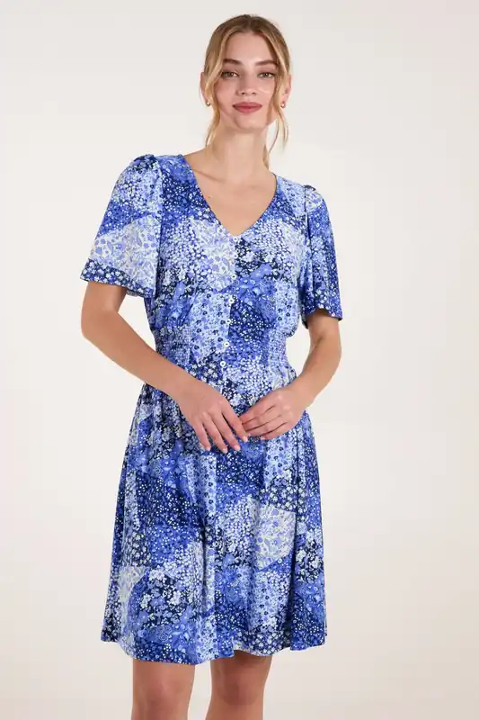 Shirred Waist Button Mini Dress - Blue Vanilla