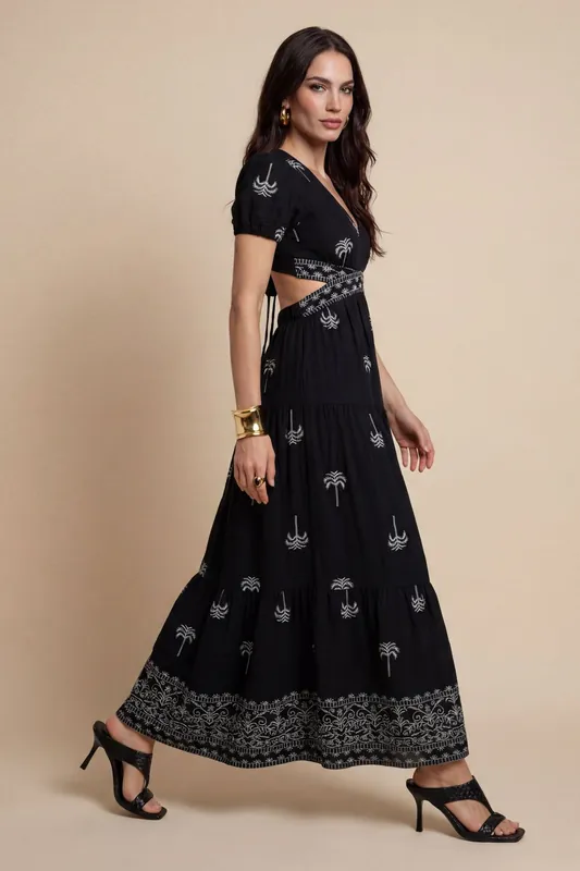 Open Pen Back Tirered Maxi Dress Black Pattern - Urban Bliss