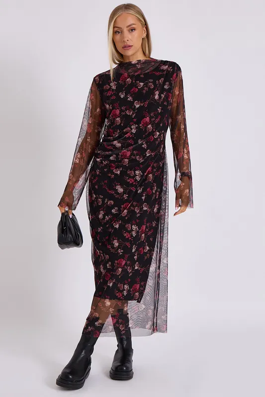 Black Print Mesh Midi Dress - Gini London