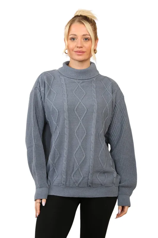Cable Knit Mock Neck Jumper in Grey - ELAINA FASHION