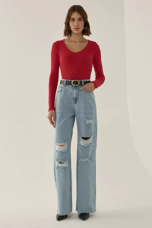 Ripped High Waist Wide Leg Denim Jeans - Hiccup