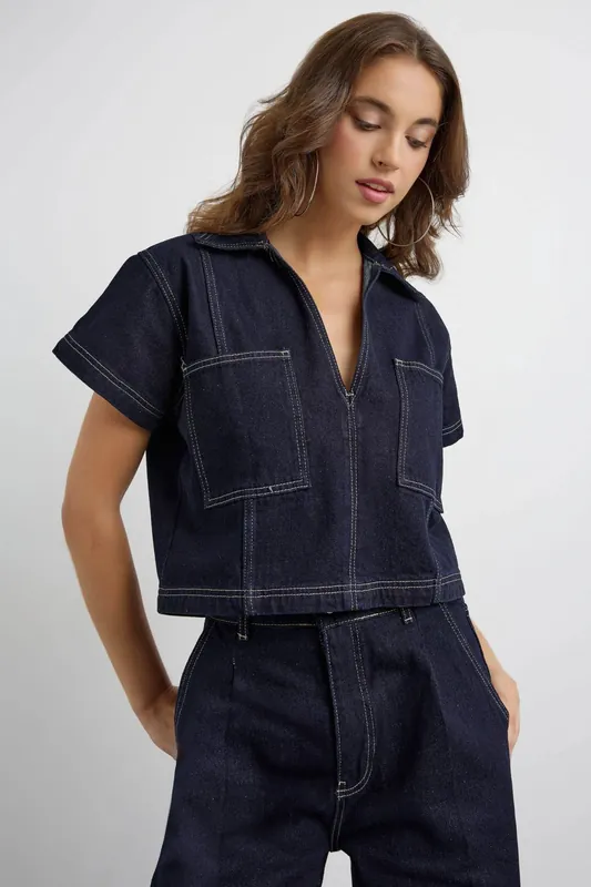 Denim V-Neck Short Sleeve Crop Top
