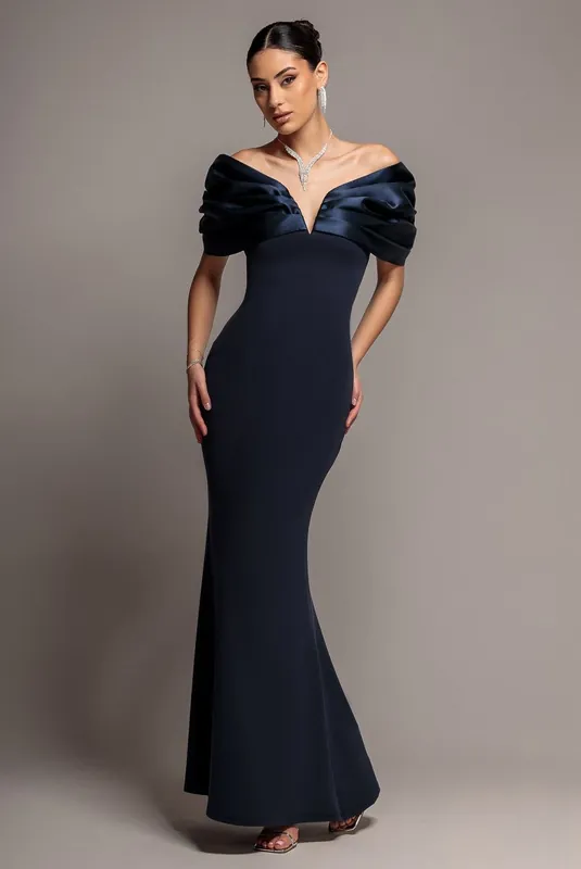 Satin Plunge Neck Bardot Scuba Maxi Dress - Goddiva