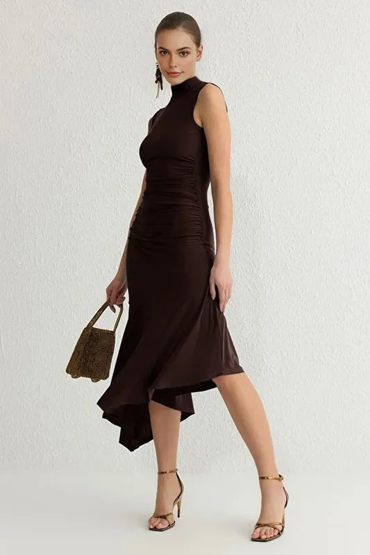 High Neck Sleeveless Ruched Waist Asymmetric Hem Dress - WOVCOR