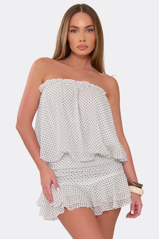 Sleeveless Bandeau Frill Trim Polka Dot Mini Playsuit - EGO