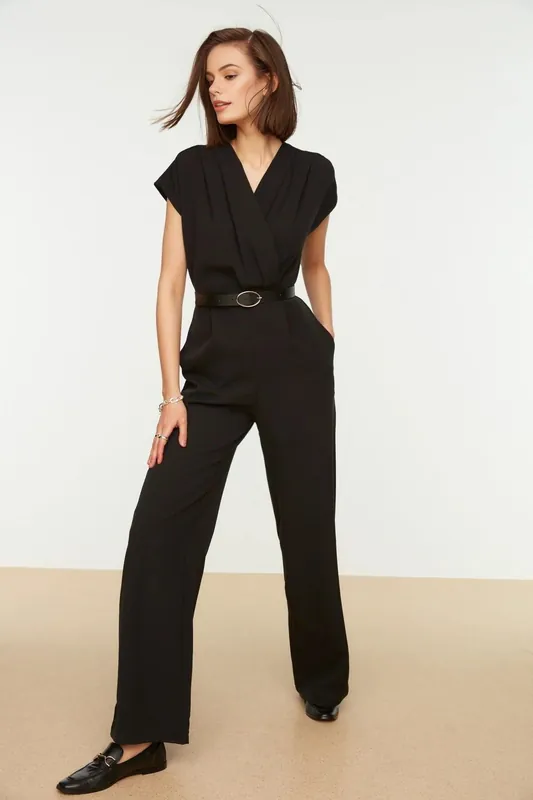 Wrap Neck Belted Wide Leg Woven Jumpsuit - WOVCOR
