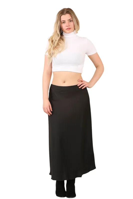 Sleek Black Satin Midi Skirt - ELAINA FASHION