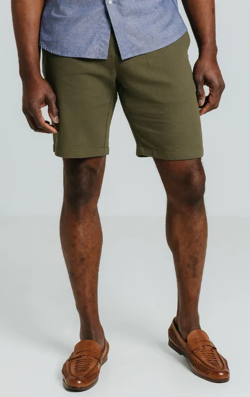 Green Linen Twill Casual Shorts - Dobell