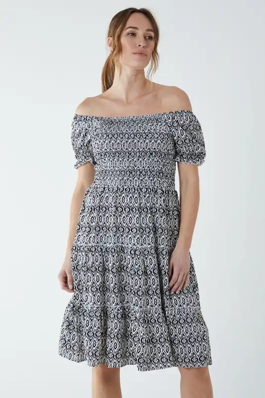 Puff Sleeve Shirred Dress - Blue Vanilla