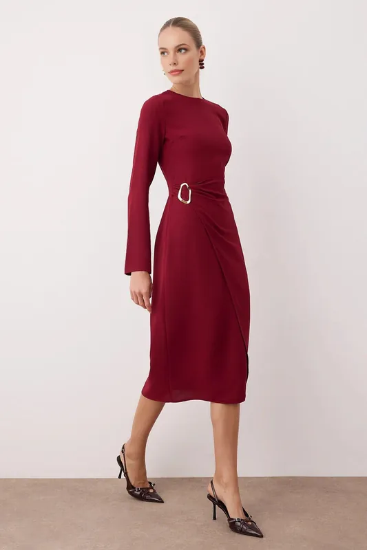 Round Neck Long Sleeve A-Line Midi Woven Dress with Hardware Detail