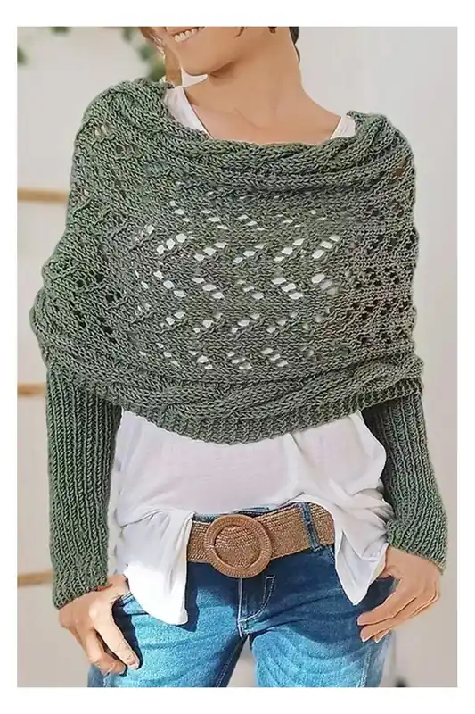 Blackish Green Cross Detail Hollowed Knit Scarf with Sleeves - Everyday The Label