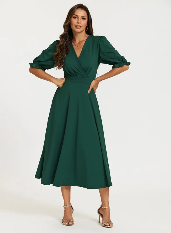 Half Sleeves Jersey Midi Dress with Wrap Neckline In Green - FS Collection
