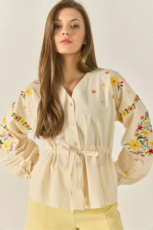 Embroidered V-Neck Cotton Shirt with Bow