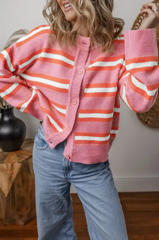 Pink Stripe Drop Shoulder Buttons Cardigan Sweater - Everyday The Label