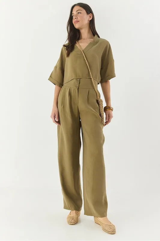 Long V-Neck Buttoned Two-Piece Co-Ord Set