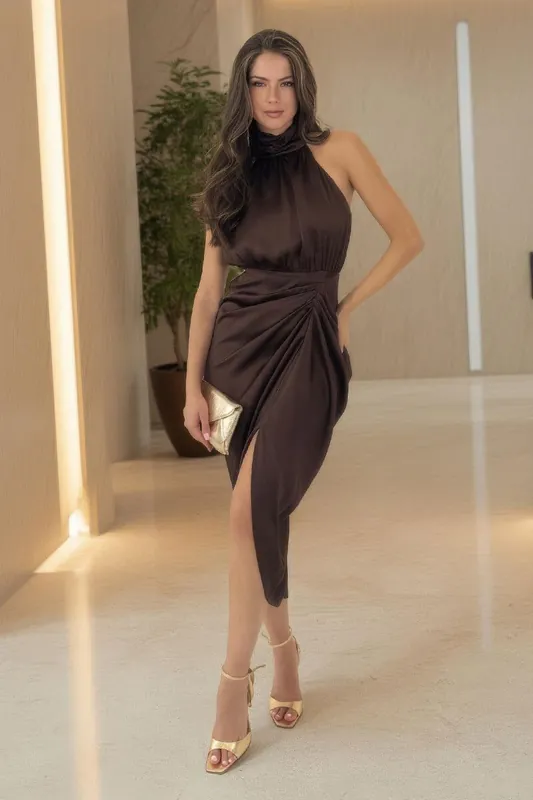 Chocolate Halter Neck Gathered Skirt Midi Dress - AX Paris