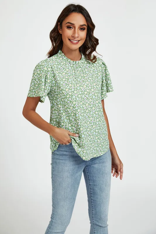Little Floral Print Angle Sleeve High Neck Top/Blouse In Green - FS Collection