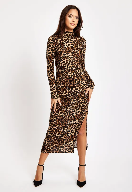 Brushed Knit Leopard Print Midi Dress With Front Slit - Liquorish