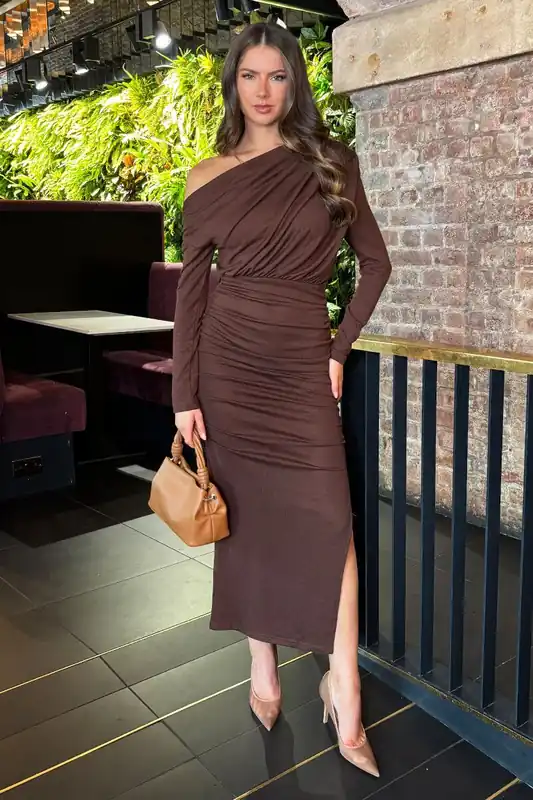 Chocolate Knit Off The Shoulder Long Sleeve Midi Dress - AX Paris