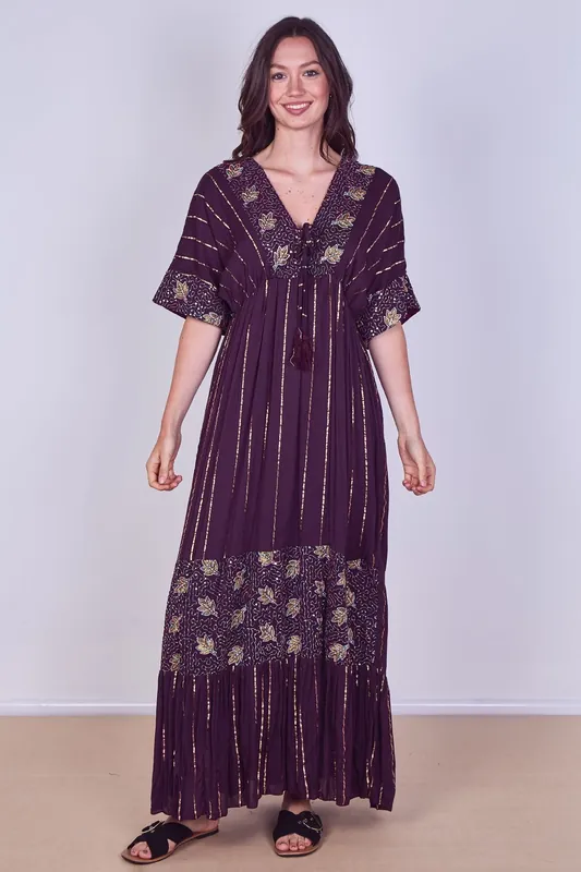 Boho Sequin leaf Embroidered Maxi Dress - ELAINA FASHION