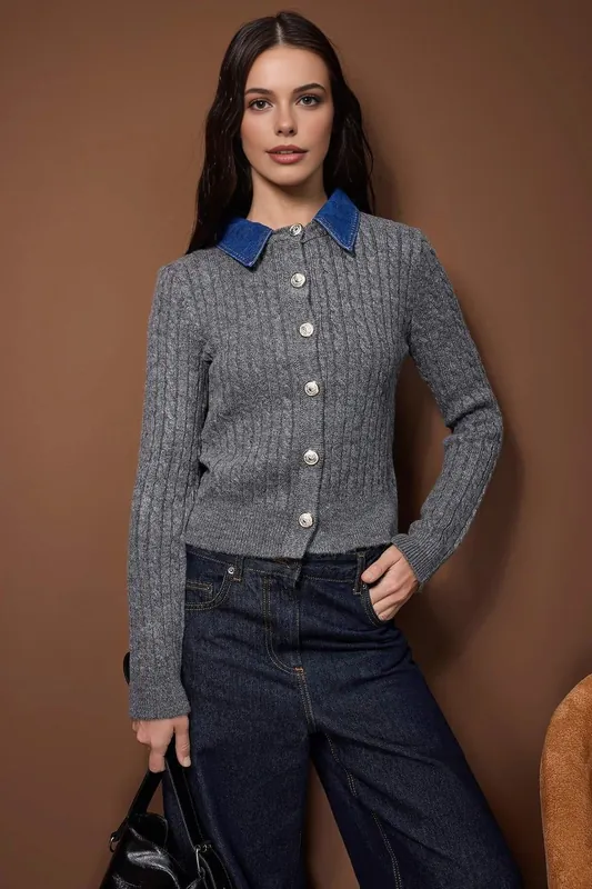Cable Knit Button Front Cardigan with Denim Collar Detail - WOVCOR