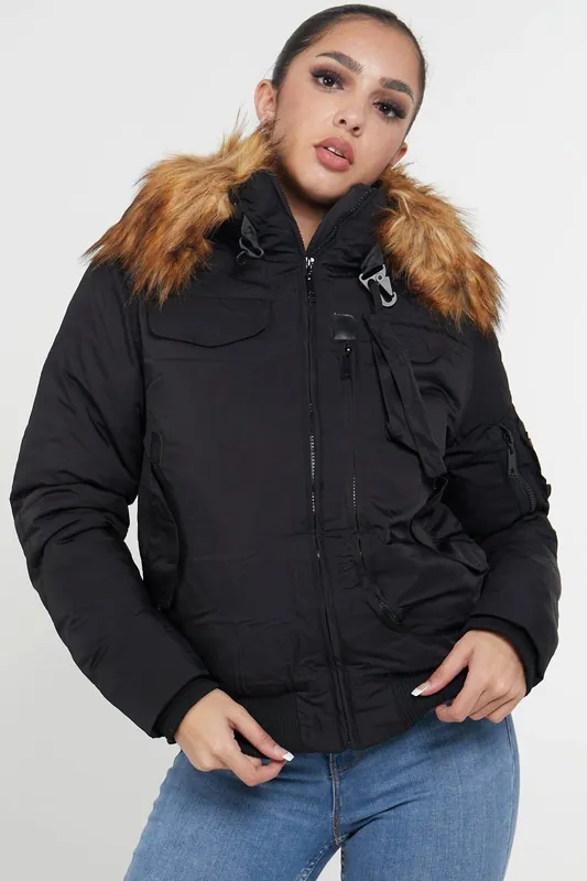 Womens Bomber Para Jacket with Faux Fur on Hood - Love Sunshine