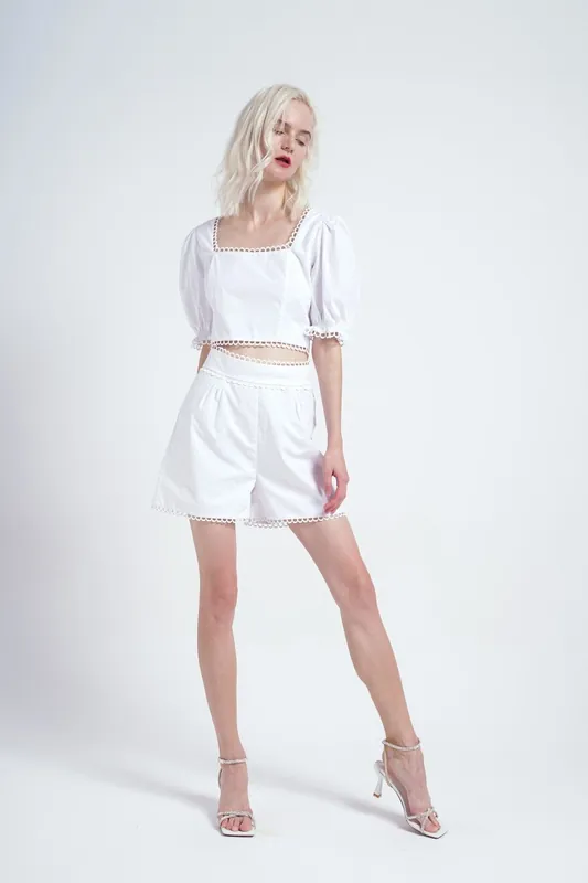 Lace Trim Puff Sleeve Crop Top in White - Shnoo